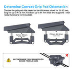 Load image into Gallery viewer, Grip pad orientation guide for the Starlink Standard Roof Rack Mount, showing correct pad positions for 15–30 mm and 29–44.5 mm bar thickness, with warning that it is not suitable for round profile bars.