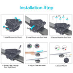 Load image into Gallery viewer, Step-by-step installation guide for the Starlink Standard Roof Rack Mount, showing screw installation, mounting onto the roof rack, securing with bolts, routing the cable, plugging in the cable, and final mount securing.