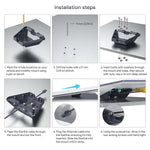Load image into Gallery viewer, Step-by-step installation guide for Starlink Standard Mobility Mount, including marking and drilling 9mm holes, inserting bolts with washers, feeding the Starlink cable, connecting the Ethernet cable, and securing with locking screws for a stable setup